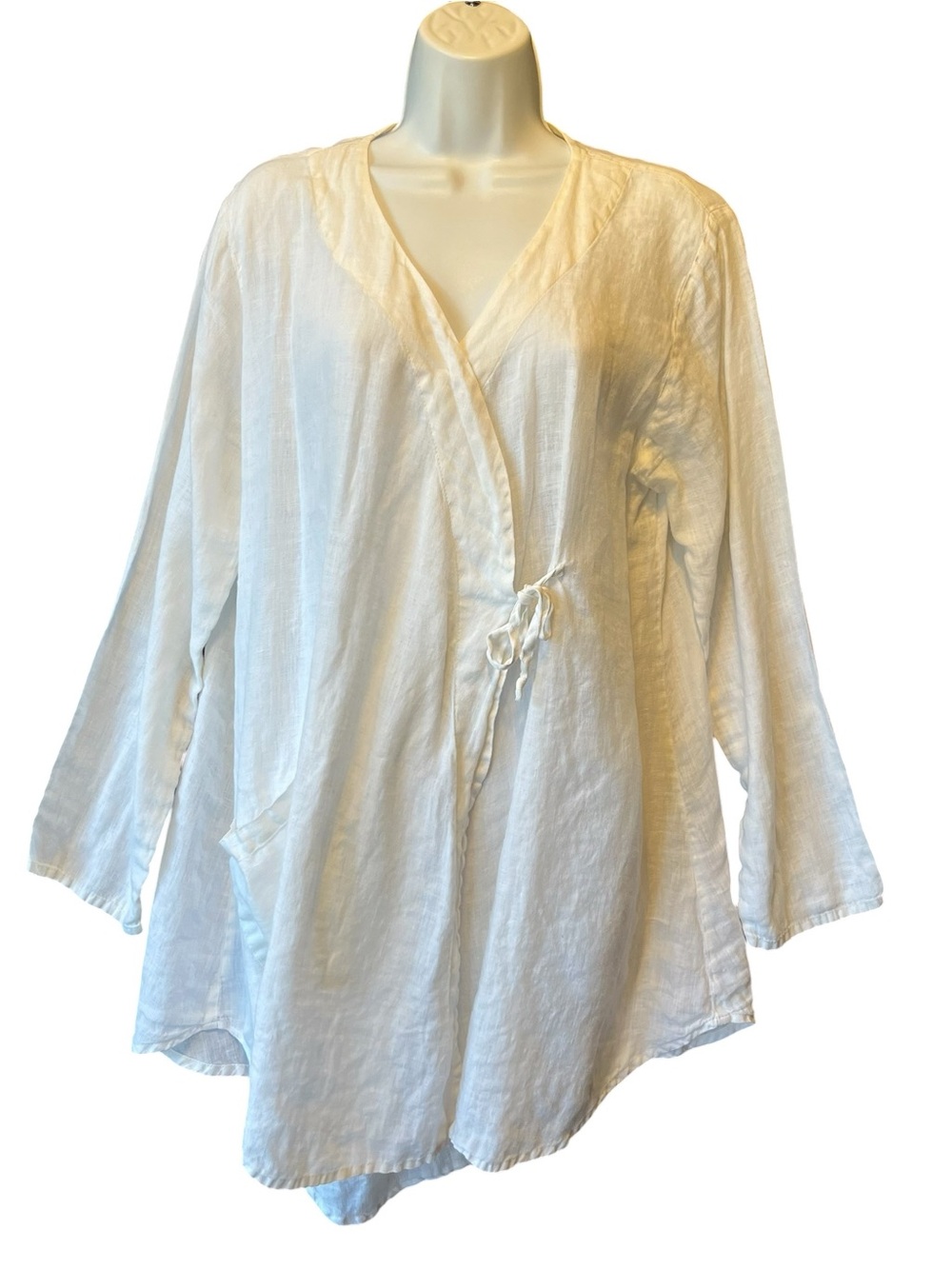 Flax wrap tunic top M White 100% Linen V-neck Long sleeves Pocket Womens blouse